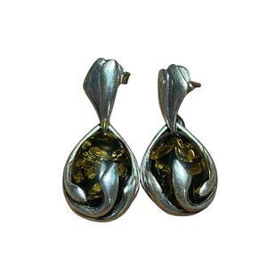 Green Baltic Amber Dangle Earrings 925 Sterling Silver Made In Poland